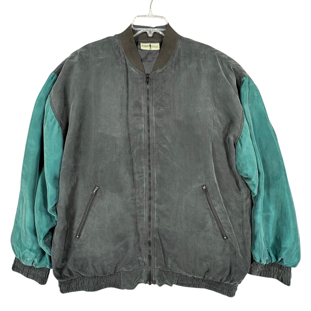 Vintage 80s Robert Stock Silk Bomber Jacket Mens L Gray Teal Baseball Graphic